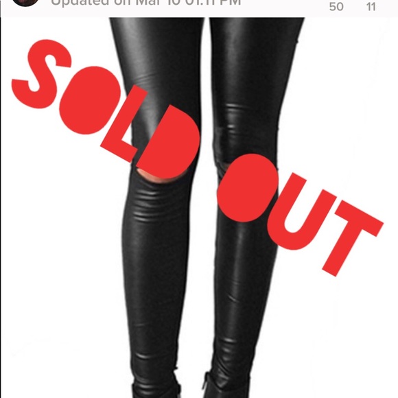 Pants - Faux Leather Leggings with Open Knee